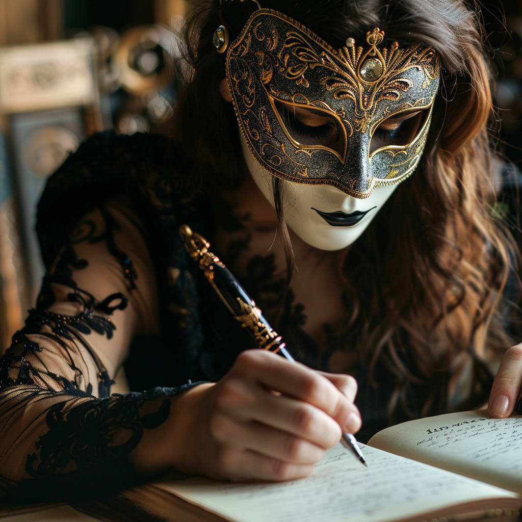 pseudonym, pen name - a lady wearing a baroque party mask, writing in a notebook with an ornate pen