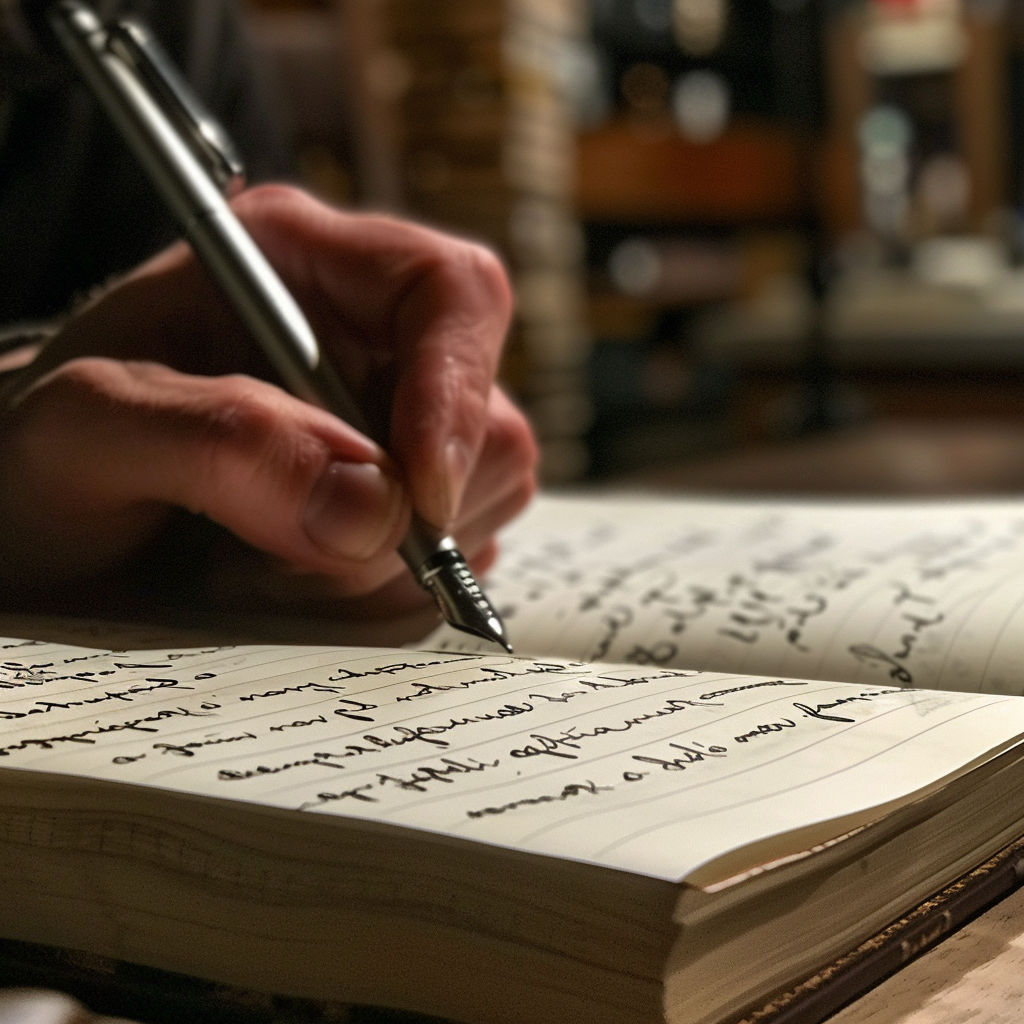 Writer scribbling in notebook