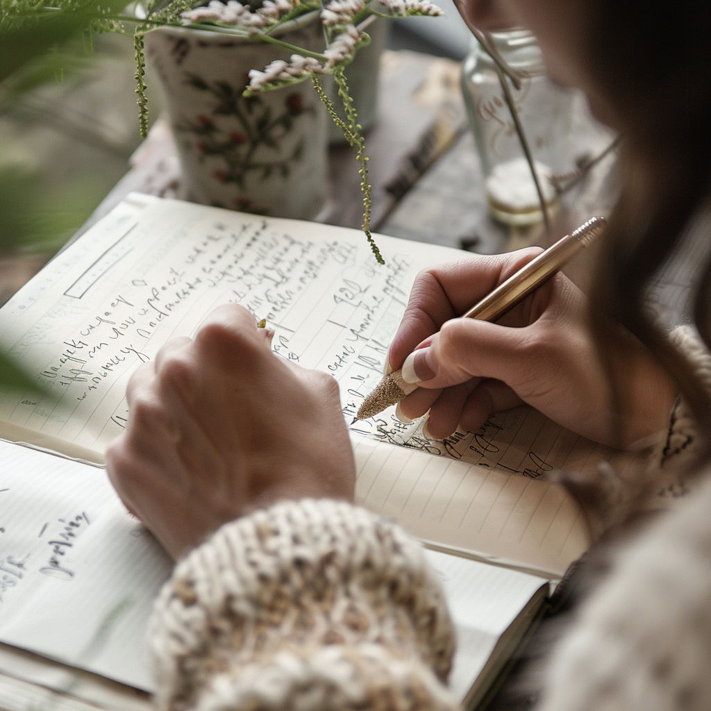 Female writer writing in notebook