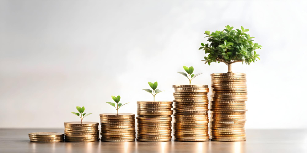 Coins stacked up in increasing length with tree leaves on top of them, representing investing