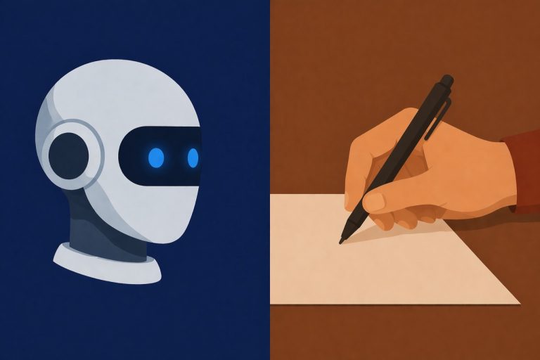 Minimal split illustration: left side shows a blue-toned robot head on a dark background, right side shows a human hand writing with a pen on paper in warm tones, divided by a sharp vertical line.