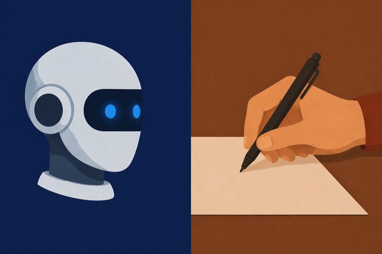 Minimal split illustration: left side shows a blue-toned robot head on a dark background, right side shows a human hand writing with a pen on paper in warm tones, divided by a sharp vertical line.