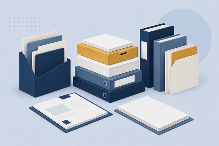 Minimal illustration of neatly stacked folders and documents in navy, slate, and off-white with a gold accent on a light blue background.