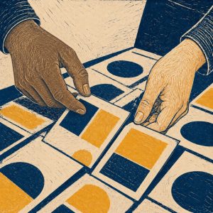 Hands arranging geometric patterns