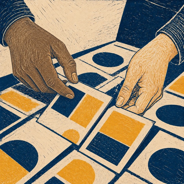 Hands arranging geometric patterns