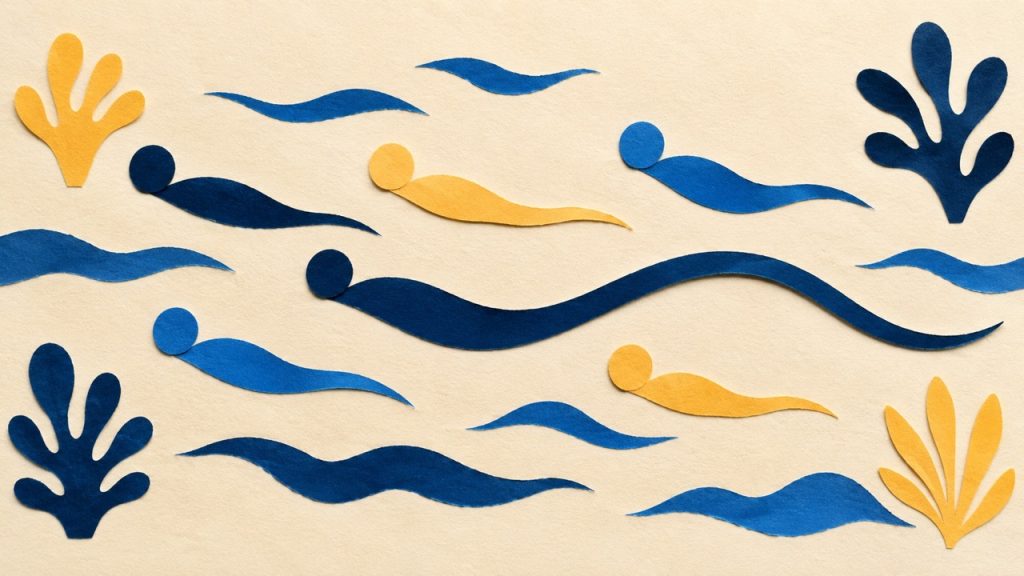 Paper cut-out swimmers with varying tail lengths racing through waves, illustrating how proportion matters more than length alone