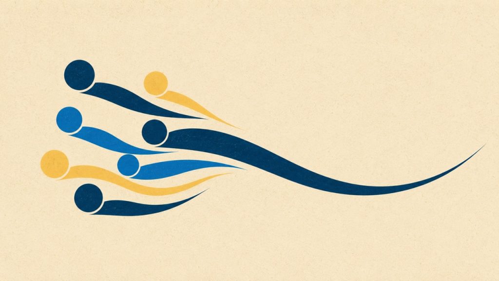 Stylised sperm cells with tails of varying lengths racing forward, with the longest-tailed cell pulling ahead